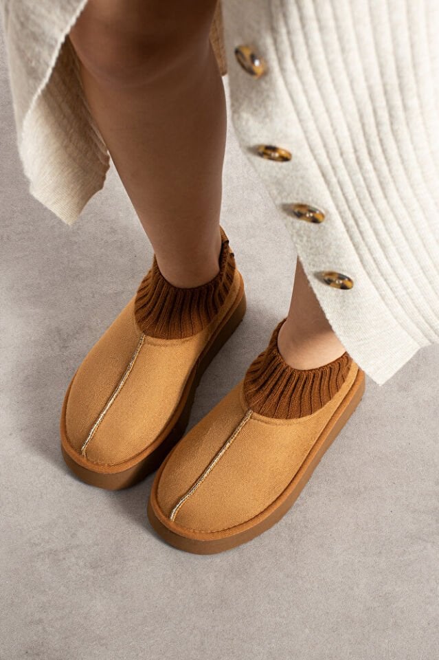 Kadın Triko Boğazlı Kalın Taban Süet İçi Kürklü Şık Günlük Bot Eduarda Taba - 40