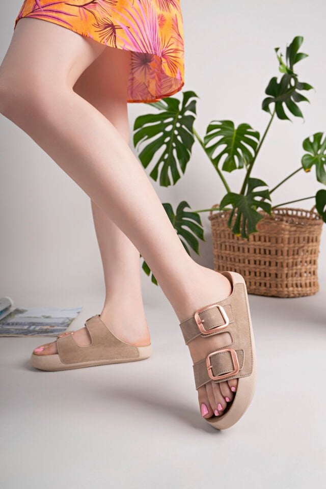 Kadın Rahat Taban Çift Tokalı Yazlık Terlik Talysa Bej - 37