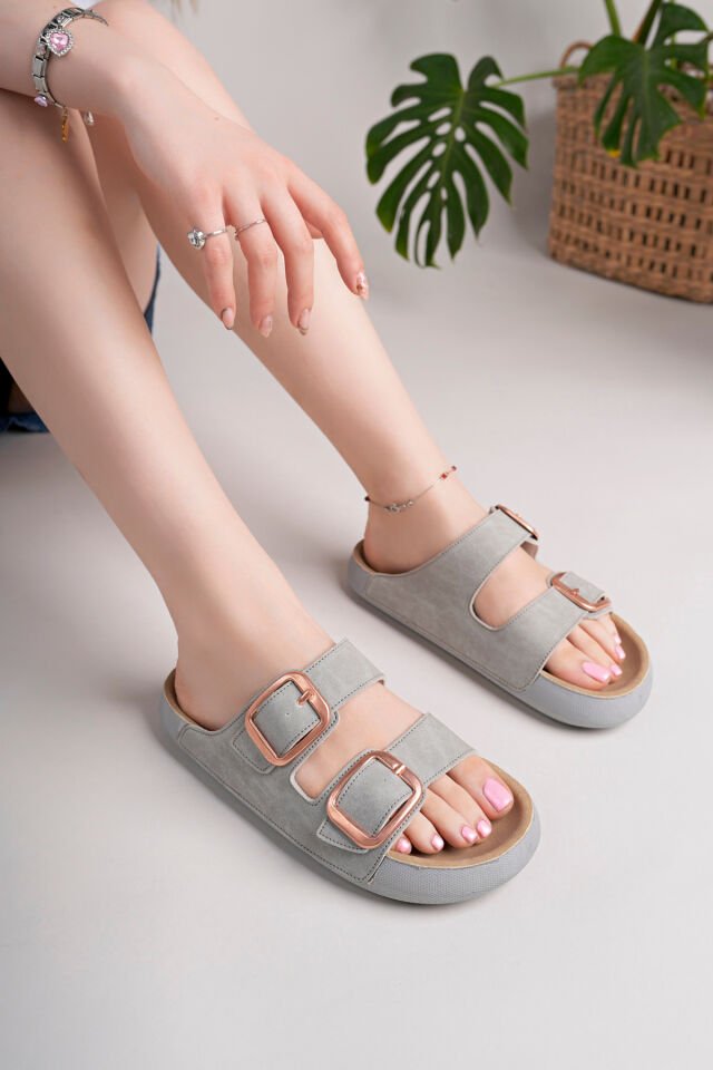 Kadın Rahat Taban Çift Tokalı Yazlık Terlik Talysa Gri - 37