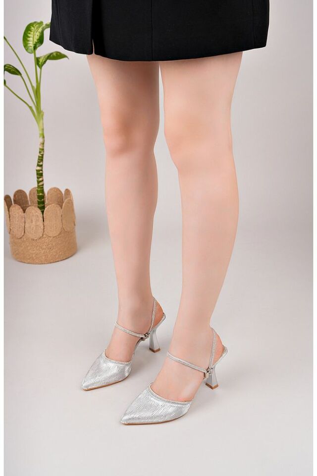 Sim Desenli Sivri Burun Topuklu Ayakkabı Aralya Gümüş - 37